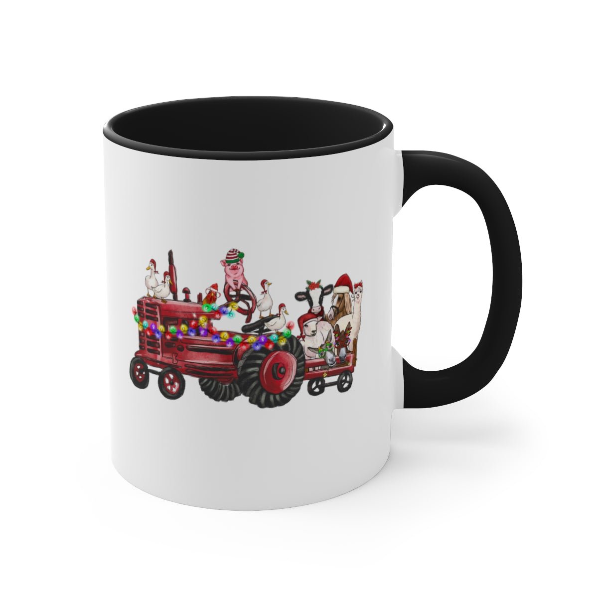 Christmas Tractor With Farm Animals - Color Handled Funny Mug - We Love Your Gift