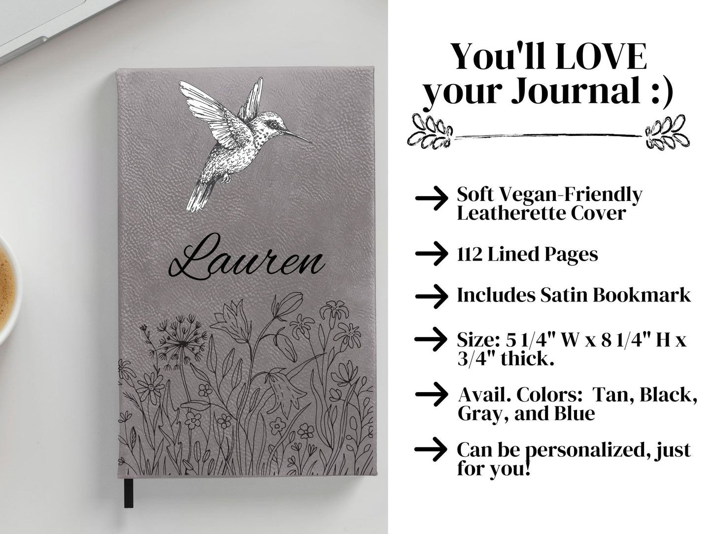 Personalized Black and White Hummingbird Floral Journal