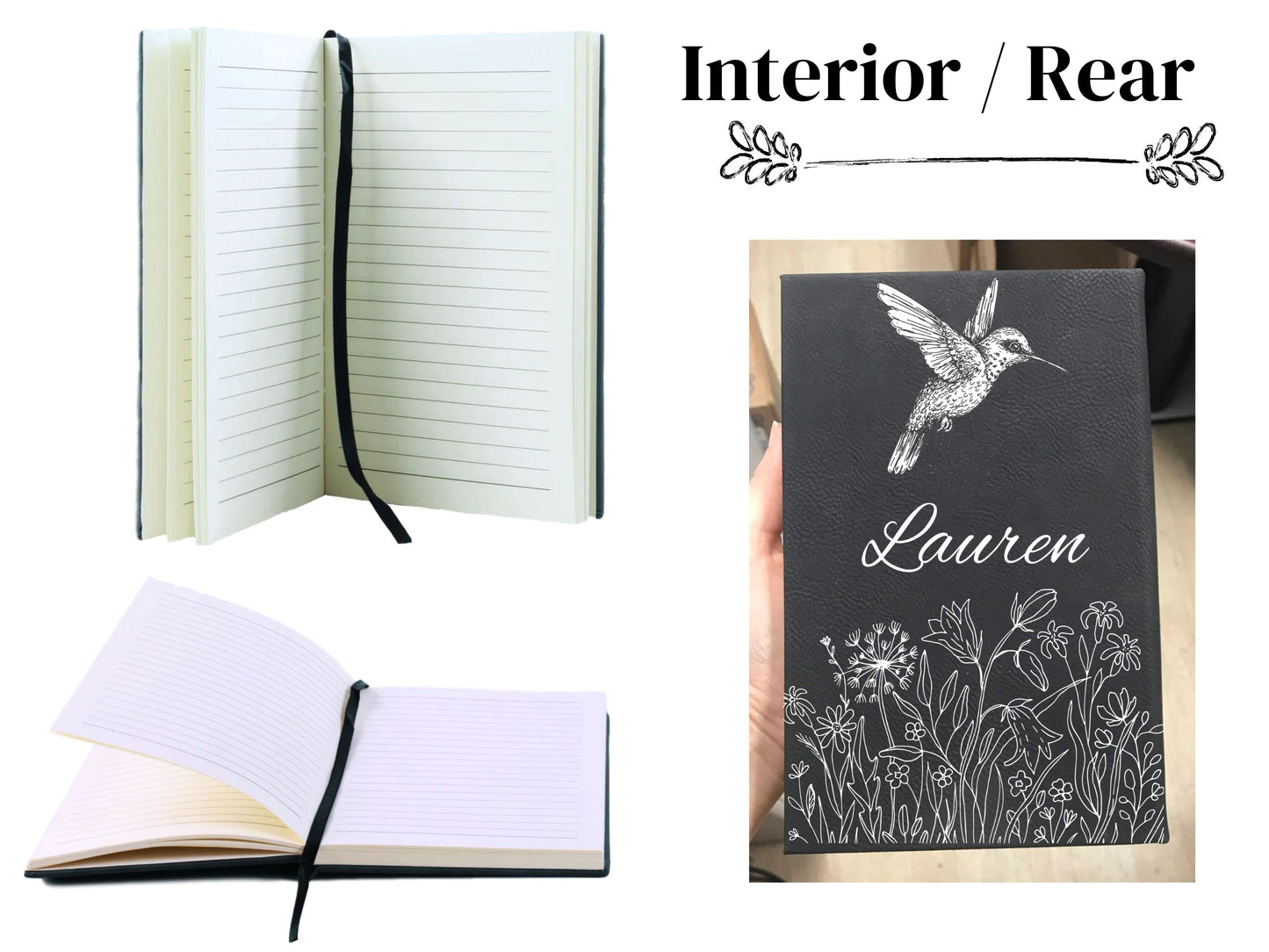 Personalized Black and White Hummingbird Floral Journal