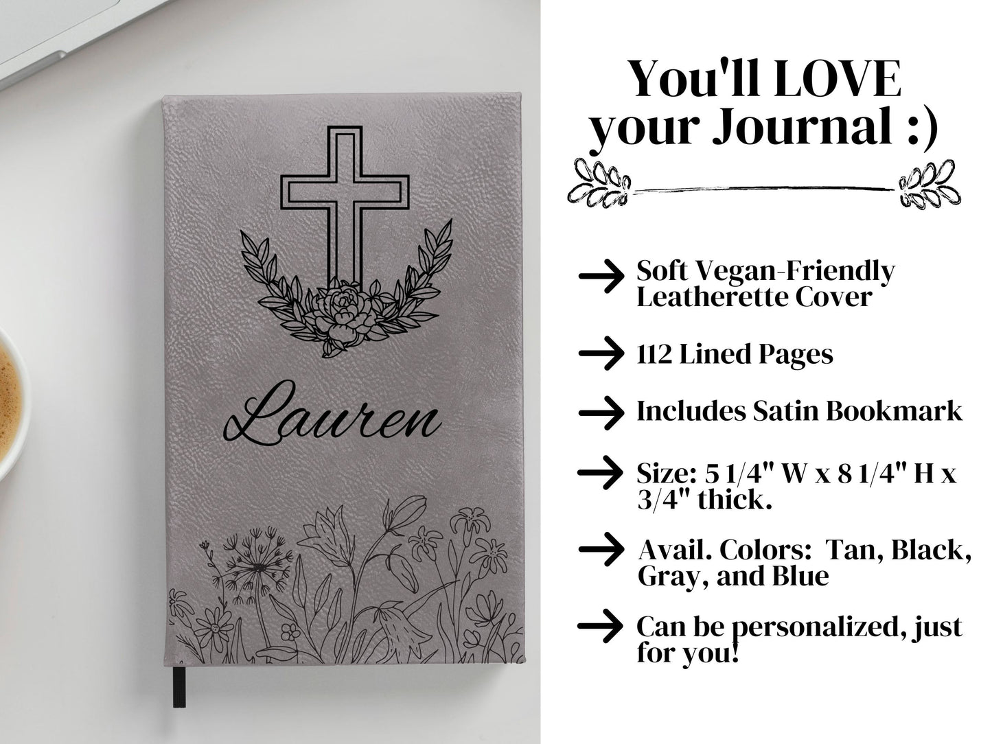 Personalized Cross and Flowers Journal