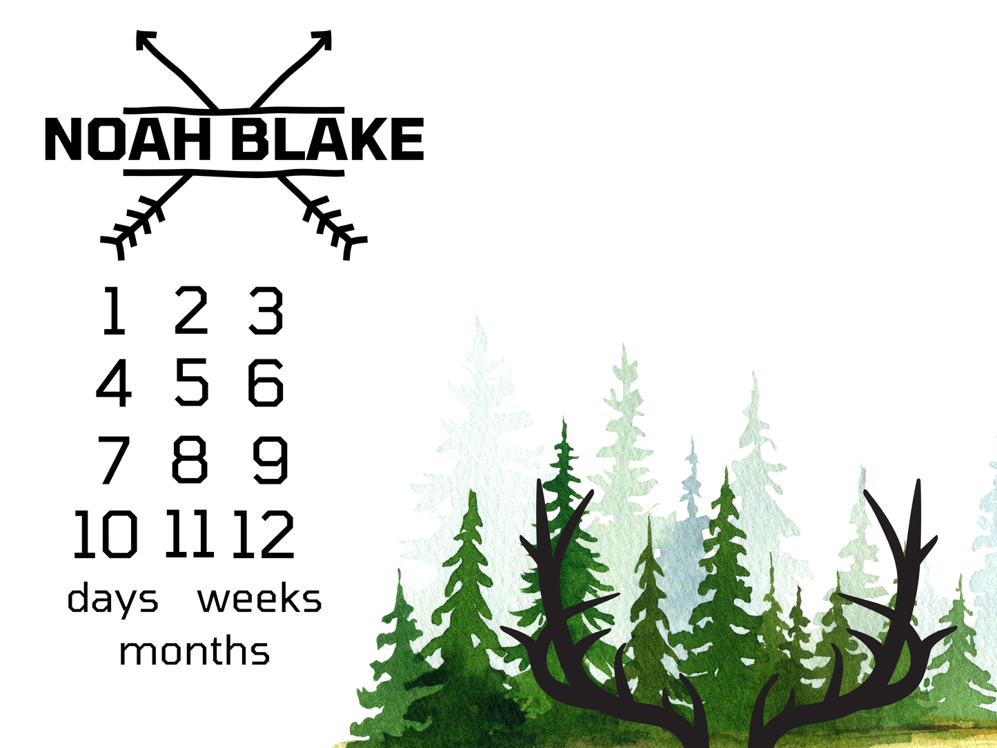 Green Trees & Deer Antlers Days, Weeks, Months Personalized Milestone Blanket