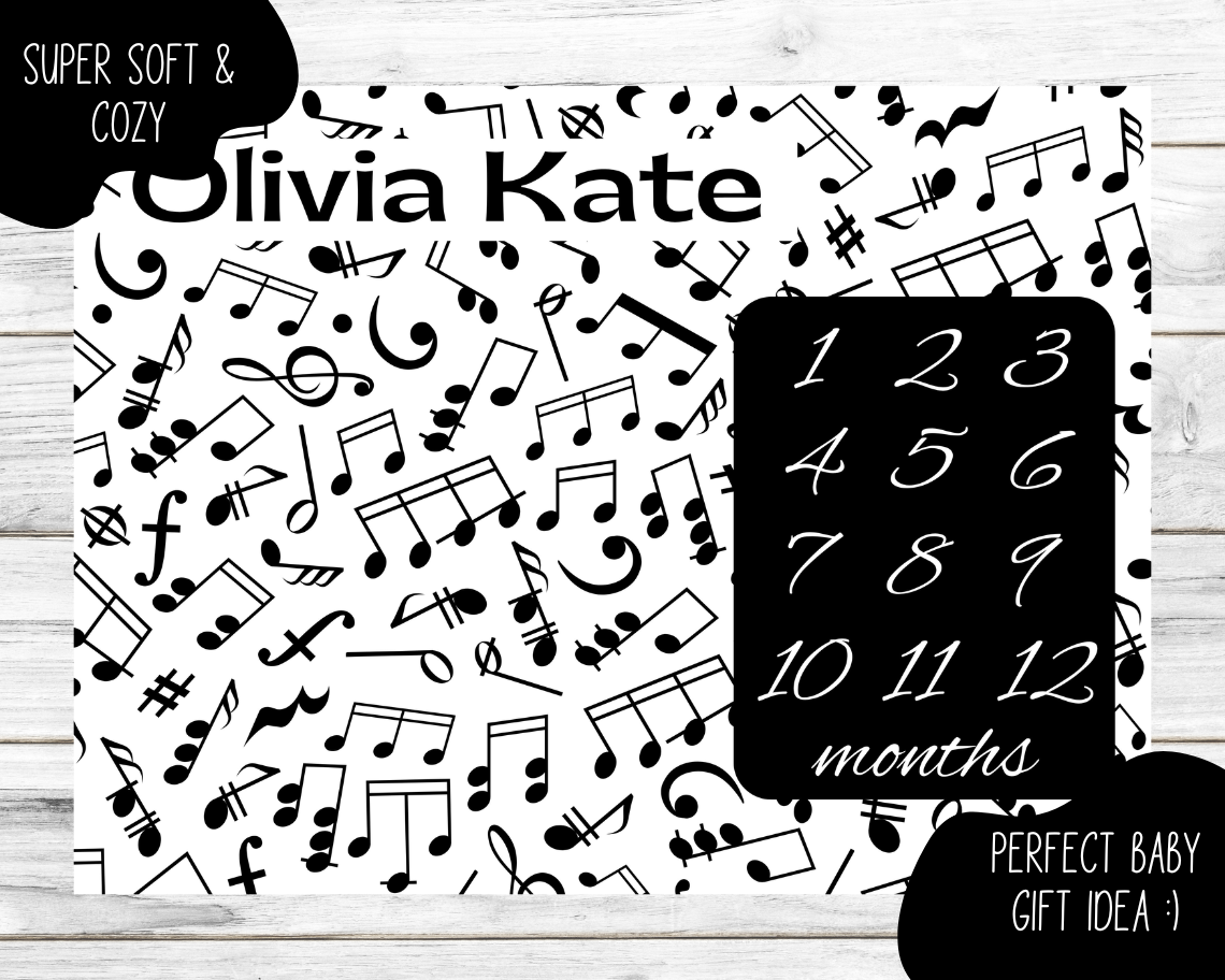 Black & White Music Personalized Milestone Monthly Growth Tracker Blanket