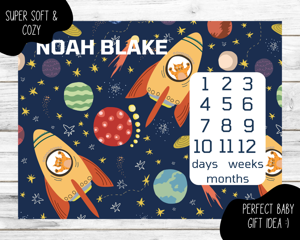 Space Rockets Days, Weeks, Months Personalized Milestone Blanket