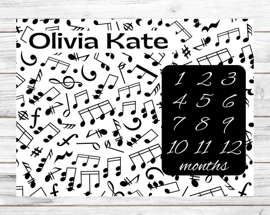 Black & White Music Personalized Milestone Monthly Growth Tracker Blanket