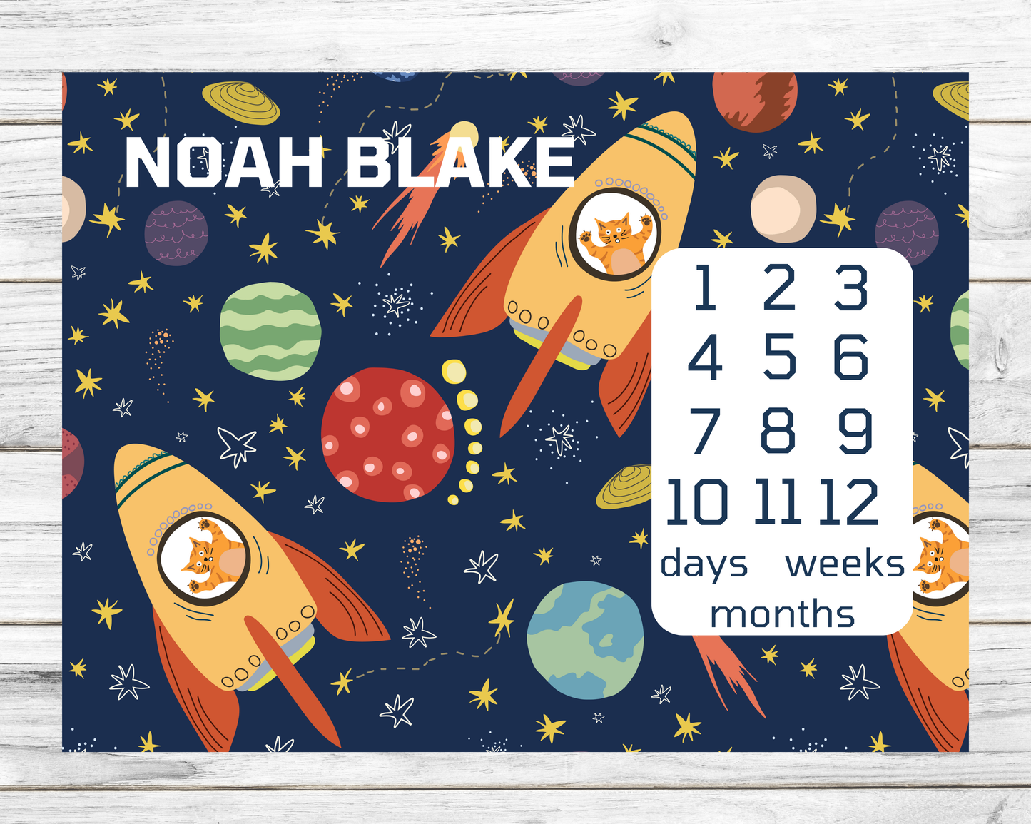 Space Rockets Days, Weeks, Months Personalized Milestone Blanket