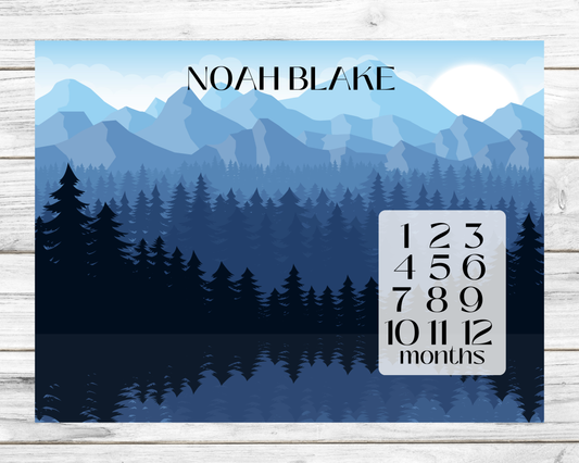 Blue Mountains & Trees Personalized Milestone Monthly Growth Tracker Blanket