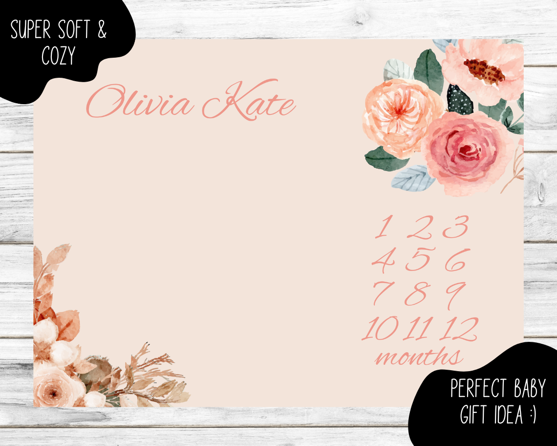 Soft Pink Floral Personalized Milestone Monthly Growth Tracker Blanket