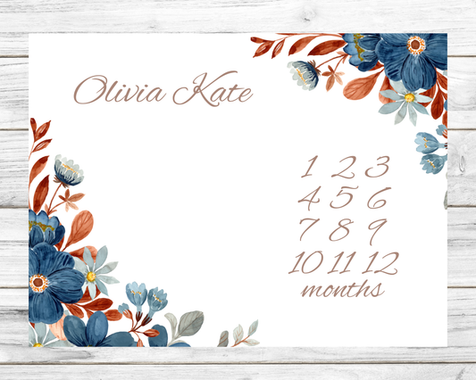 Blue Floral Personalized Milestone Monthly Growth Tracker Blanket