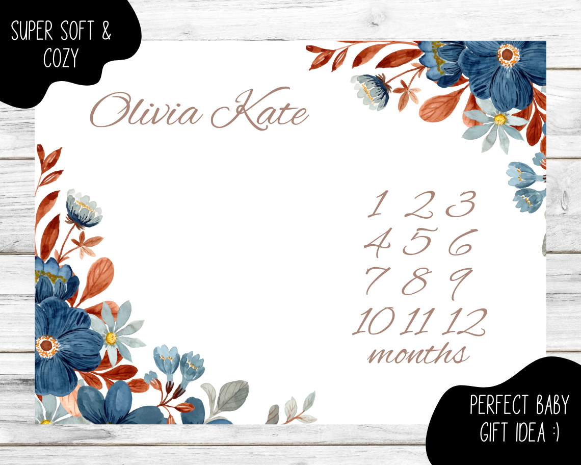 Blue Floral Personalized Milestone Monthly Growth Tracker Blanket