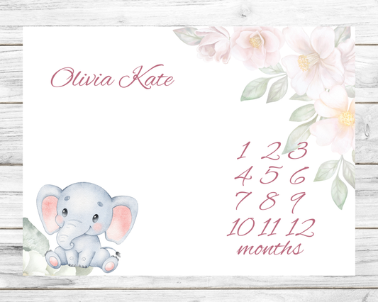 Baby Elephant Personalized Milestone Monthly Growth Tracker Blanket