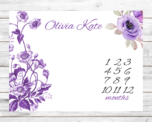 Purple Flowers Personalized Milestone Monthly Growth Tracker Blanket