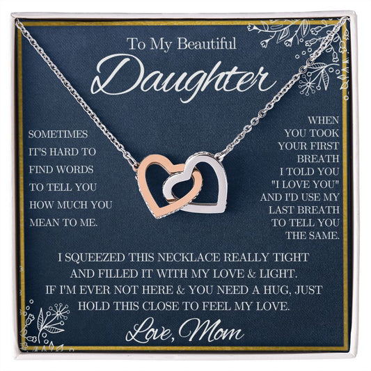 To My Beautiful Daughter from Mom - Interlocking Hearts Necklace - Blue Floral