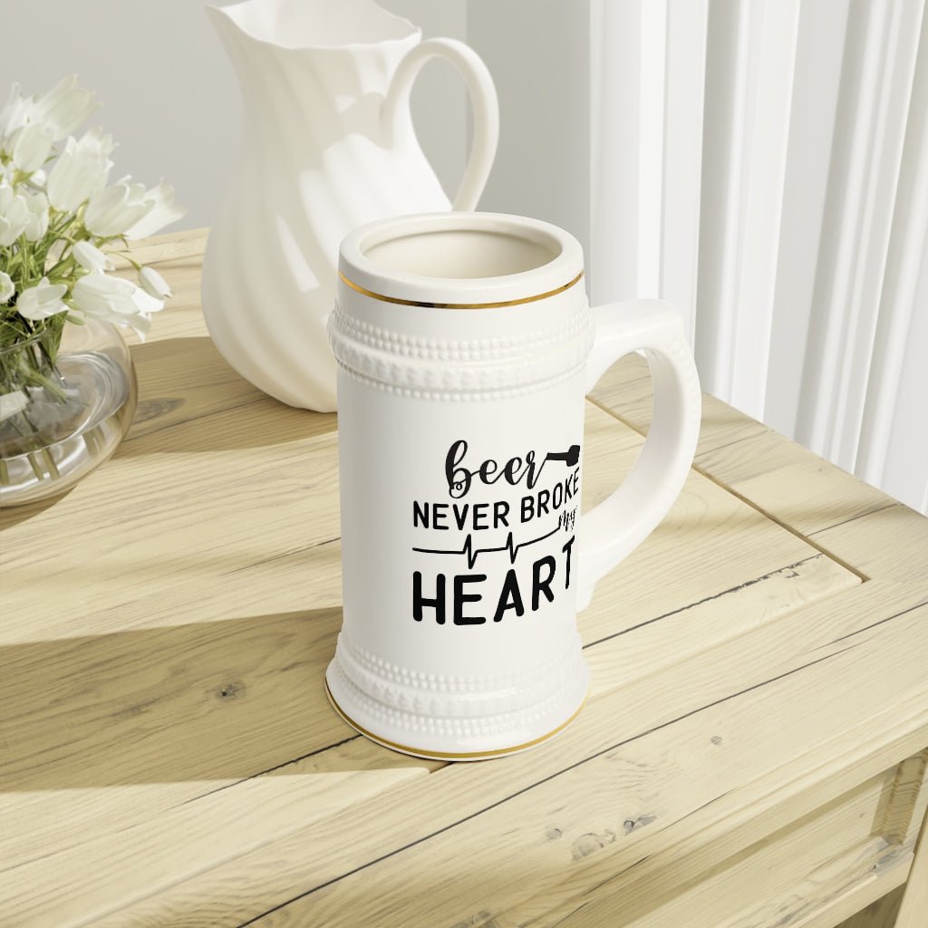 Beer Never Broke My Heart Beer Stein Mug With Drinking Handle - We Love Your Gift