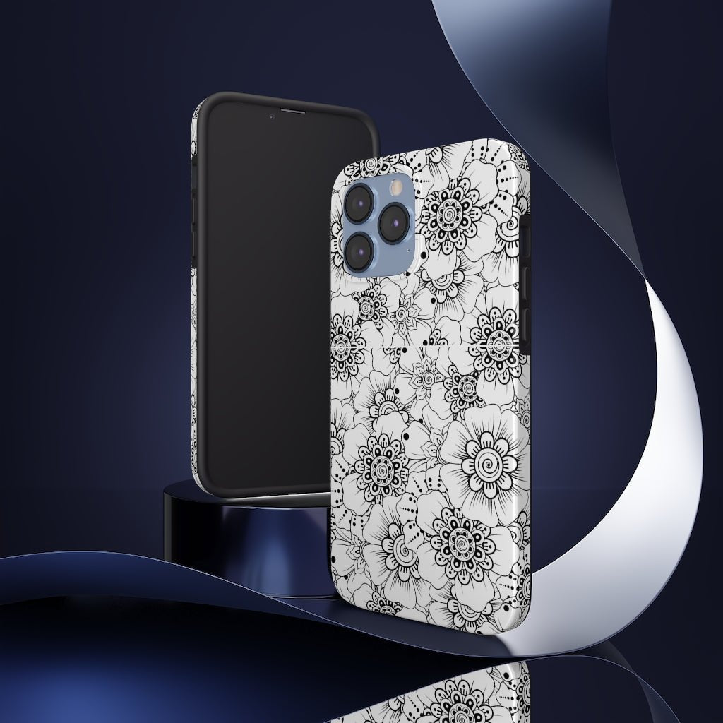 Black and White Floral Tough Phone Case - Super-Cute & Impact Resistant for iPhones & Samsung - We Love Your Gift