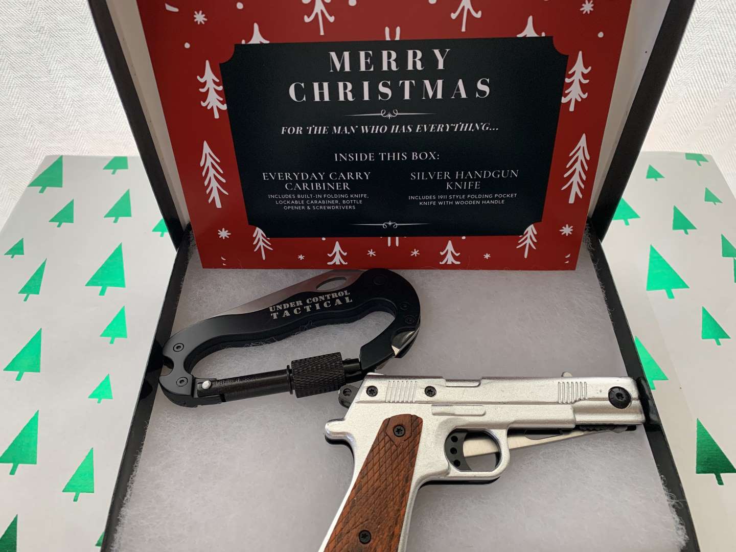 Christmas Bundle 5 - Silver 1911 Handgun Knife + Everyday Carry Carabiner - We Love Your Gift