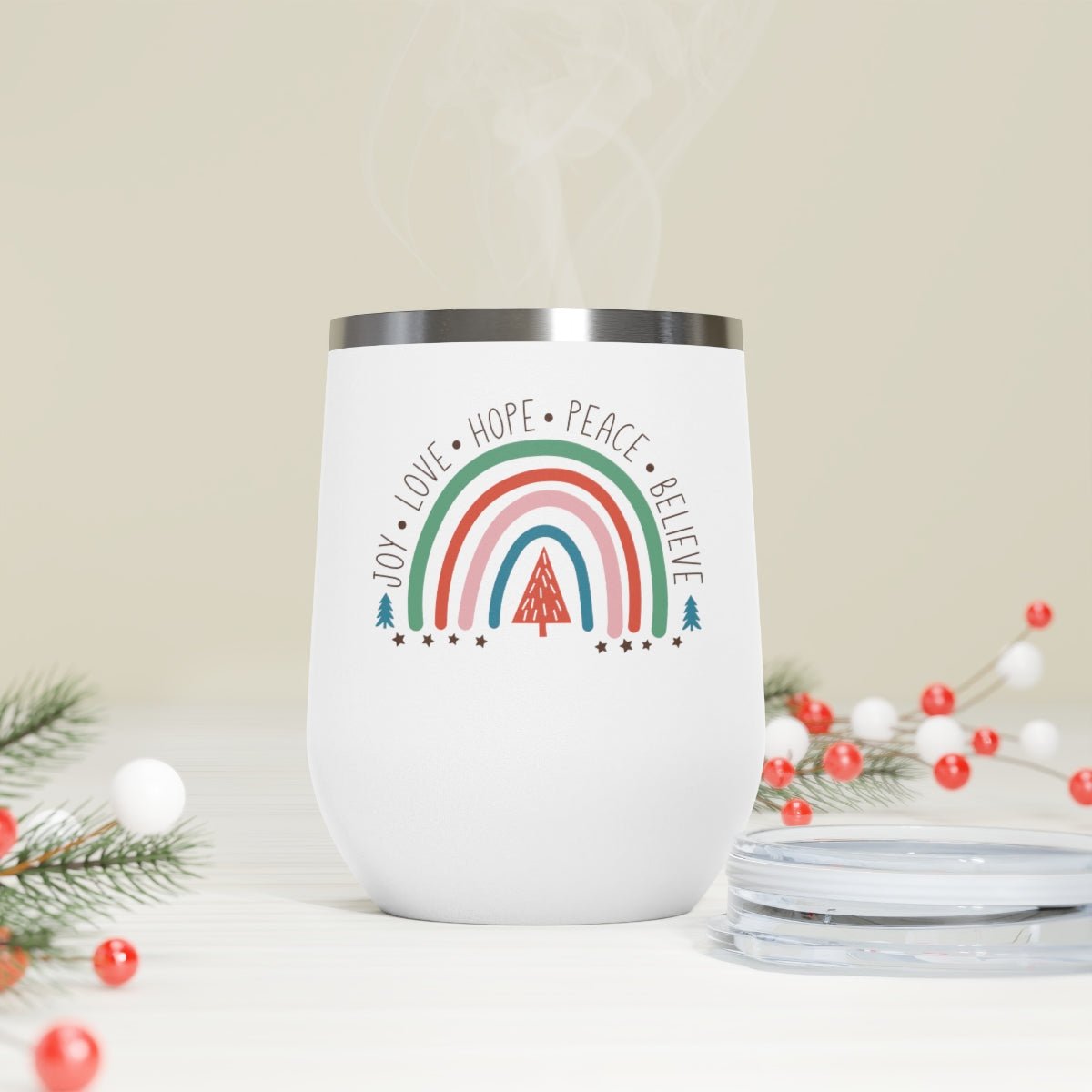 Christmas Joy Love Hope Peace Believe - Holiday 12oz Insulated Wine Tumbler - We Love Your Gift