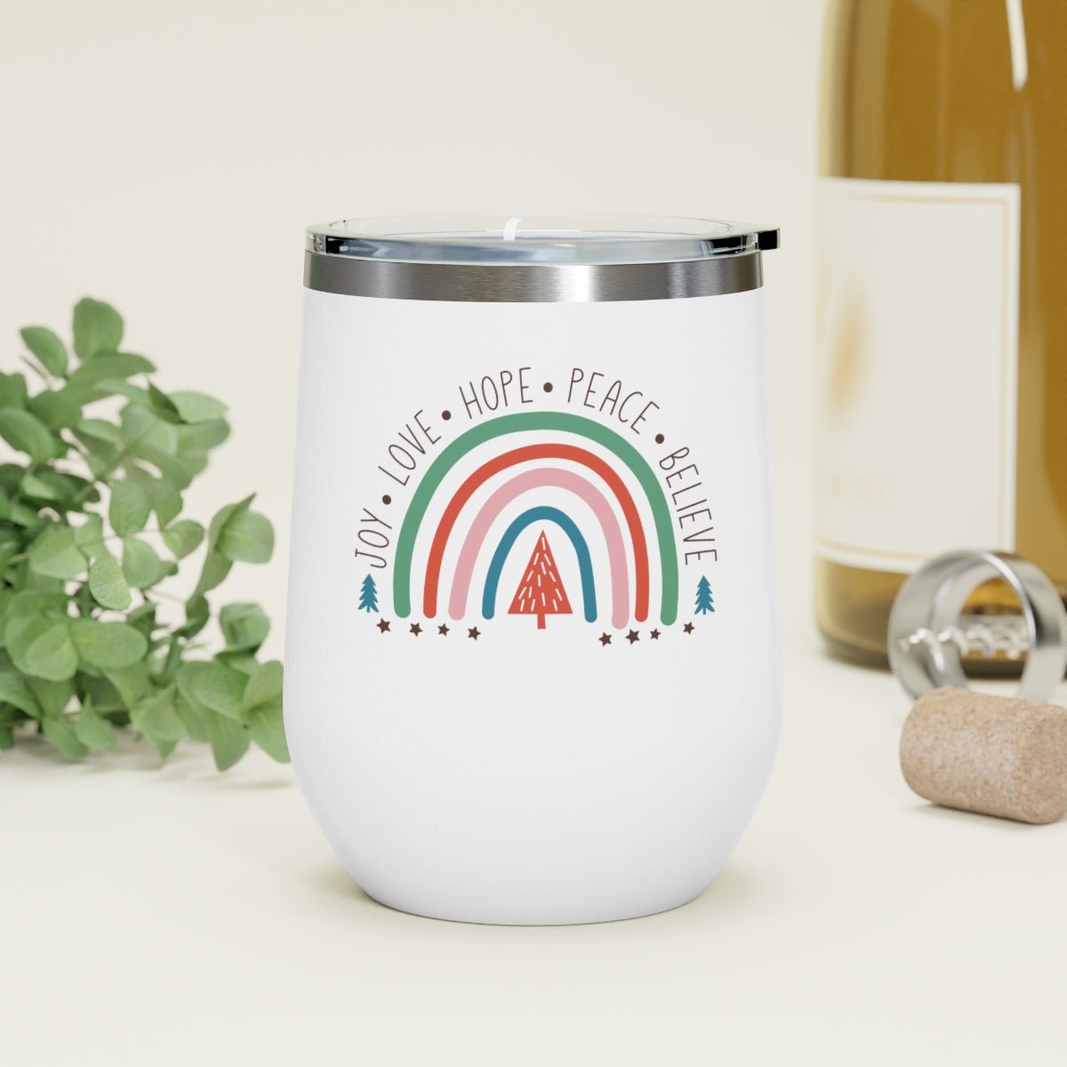 Christmas Joy Love Hope Peace Believe - Holiday 12oz Insulated Wine Tumbler - We Love Your Gift