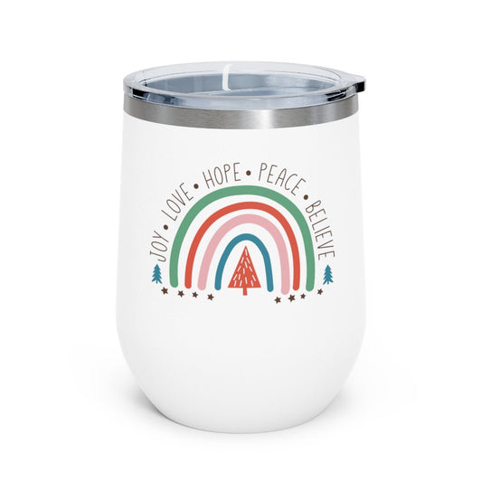 Christmas Joy Love Hope Peace Believe - Holiday 12oz Insulated Wine Tumbler - We Love Your Gift