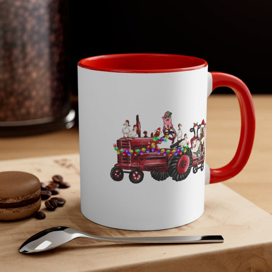 Christmas Tractor With Farm Animals - Color Handled Funny Mug - We Love Your Gift