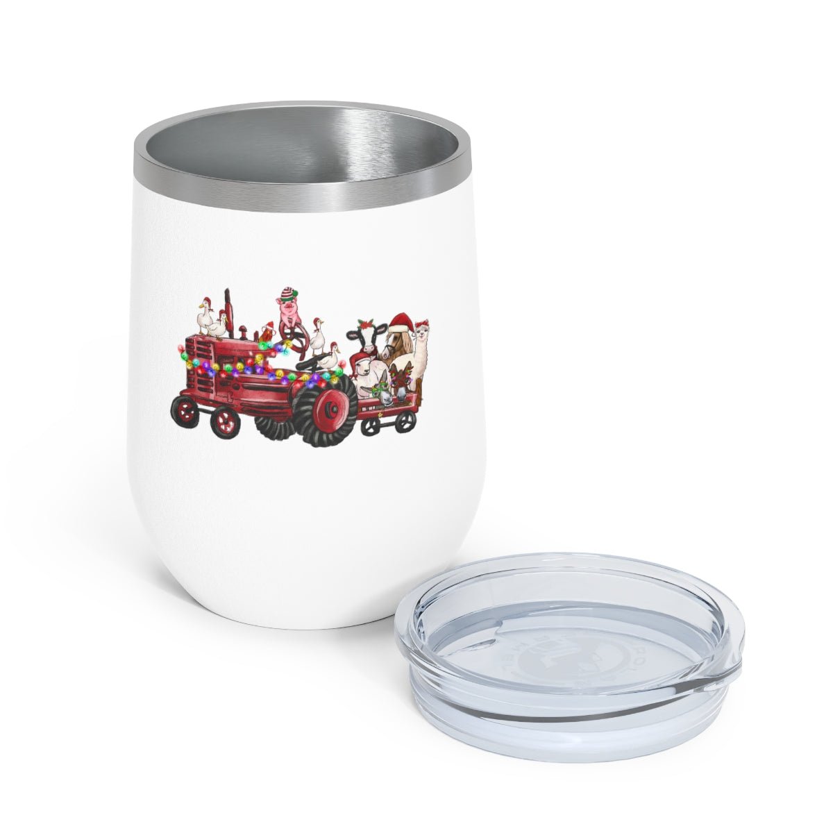 Christmas Tractor With Farm Animals - Holiday 12oz Insulated Wine Tumbler - We Love Your Gift