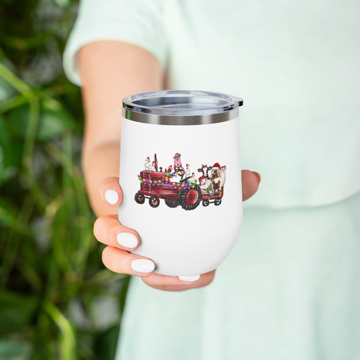 Christmas Tractor With Farm Animals - Holiday 12oz Insulated Wine Tumbler - We Love Your Gift