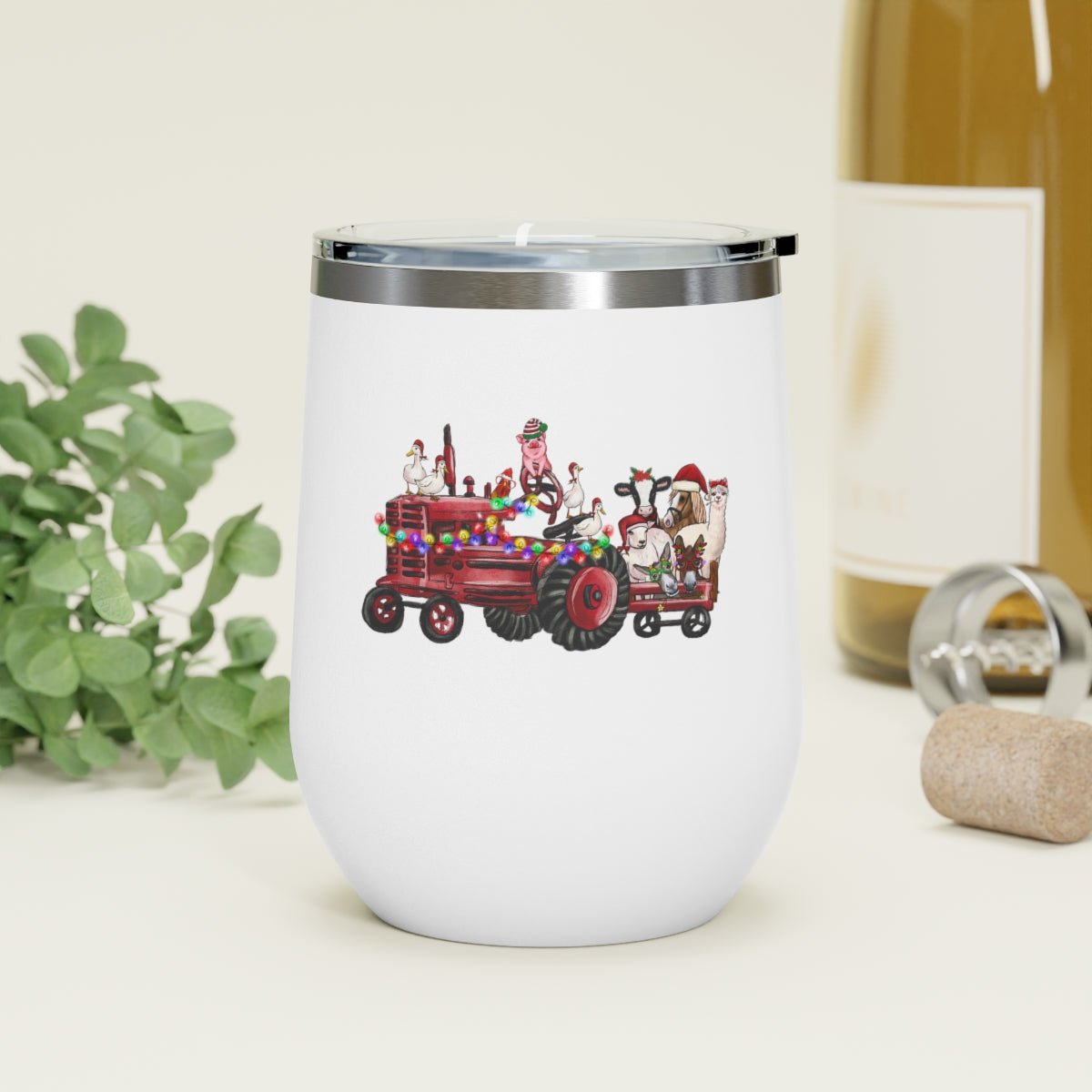 Christmas Tractor With Farm Animals - Holiday 12oz Insulated Wine Tumbler - We Love Your Gift