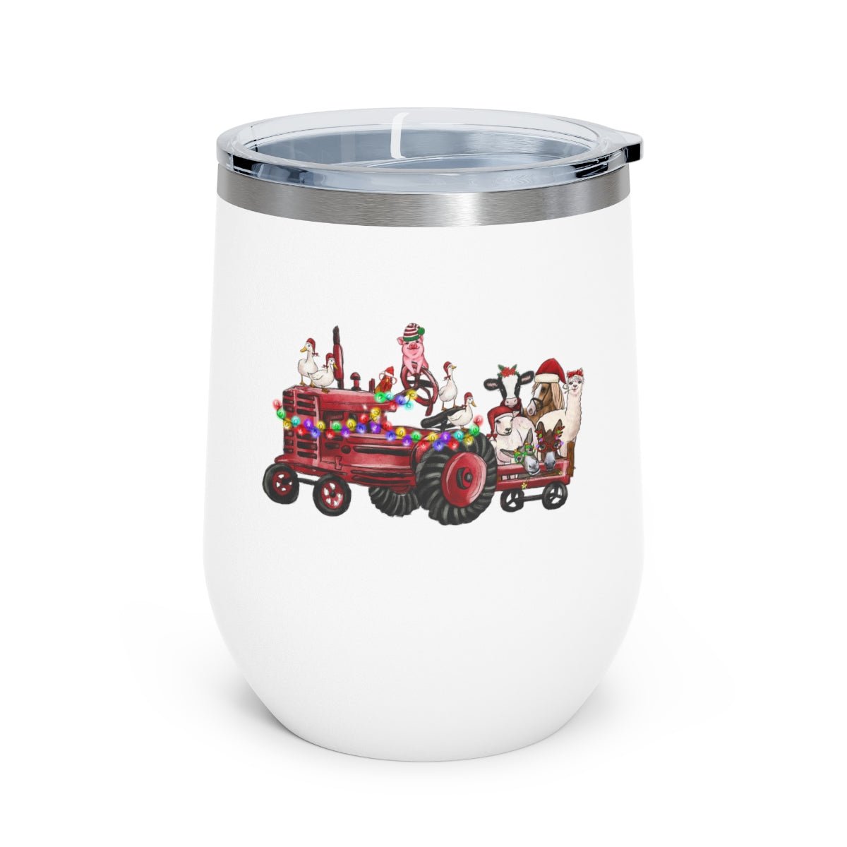 Christmas Tractor With Farm Animals - Holiday 12oz Insulated Wine Tumbler - We Love Your Gift