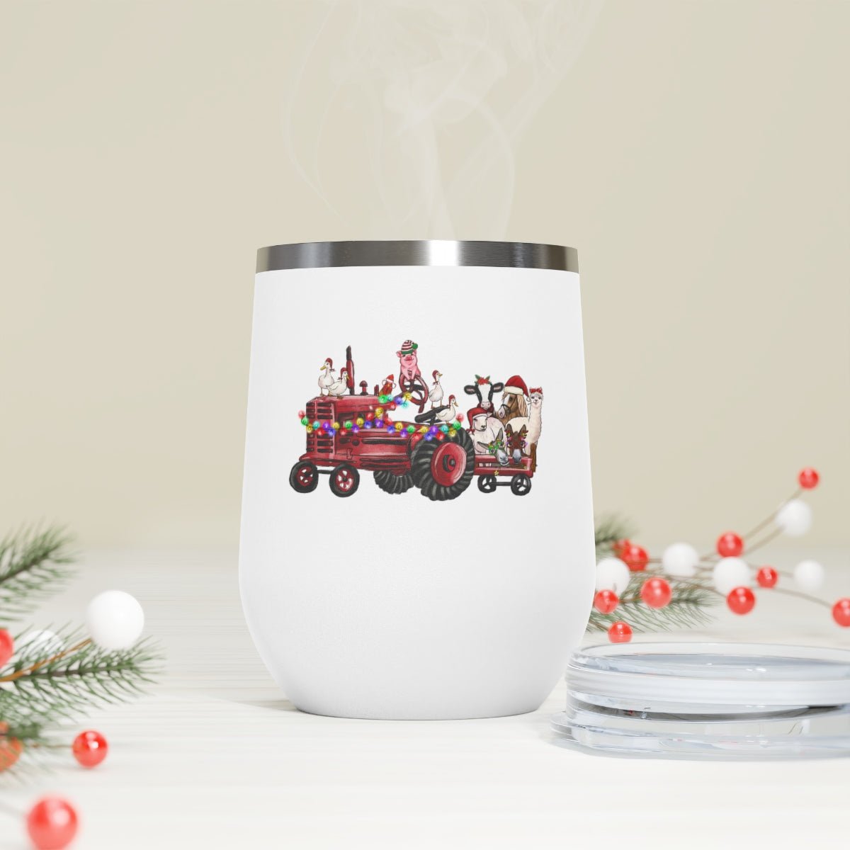 Christmas Tractor With Farm Animals - Holiday 12oz Insulated Wine Tumbler - We Love Your Gift