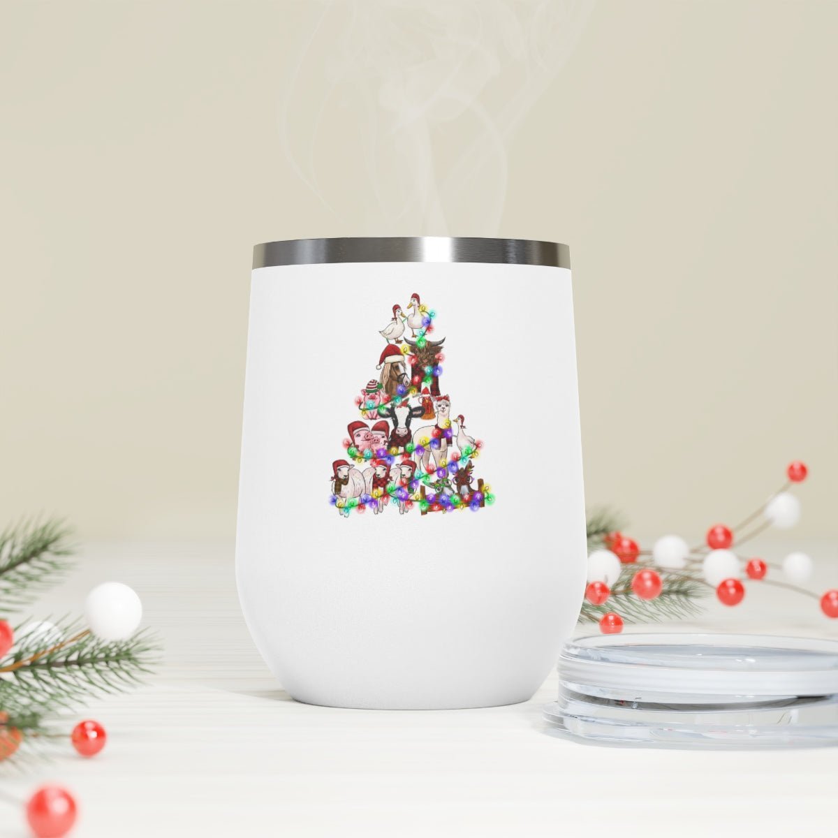 Christmas Tree Farm Animals - Holiday 12oz Insulated Wine Tumbler - We Love Your Gift