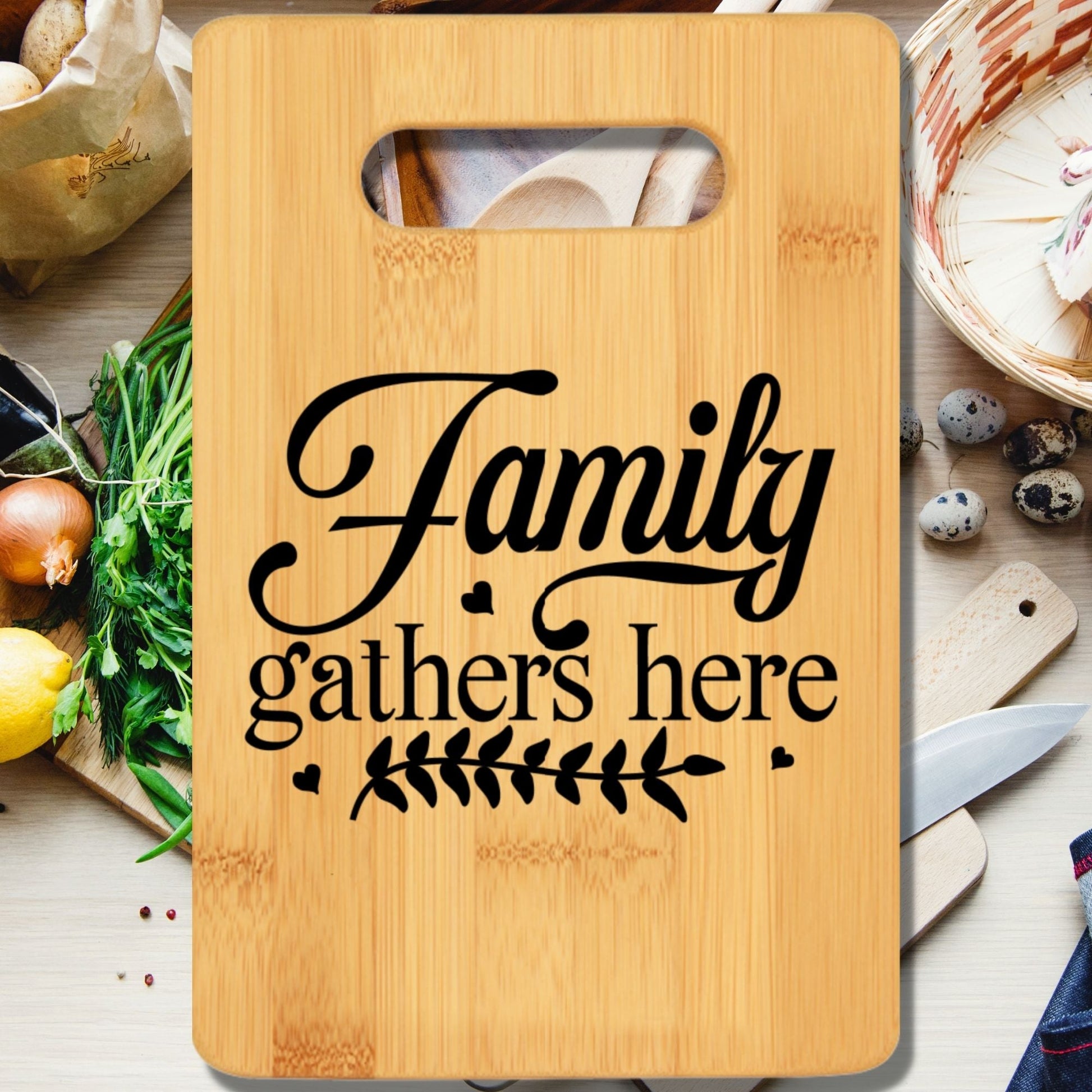 Family Gathers Here Cutting Board - We Love Your Gift