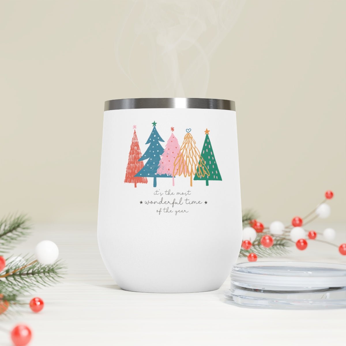 It's the Most Wonderful Time of the Year Trees - Holiday 12oz Insulated Wine Tumbler - We Love Your Gift