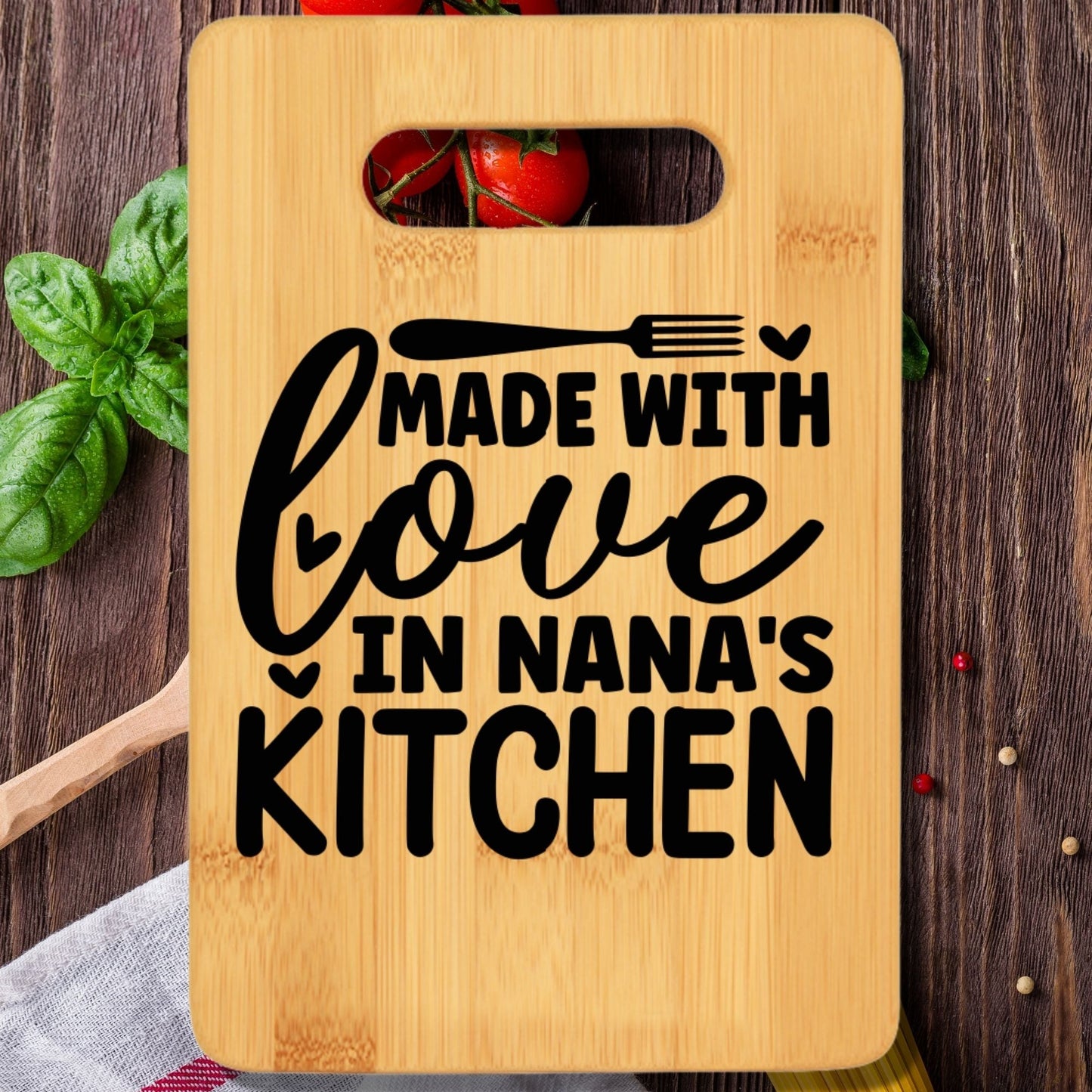 Made With Love In Nana's Kitchen Stove Top Cutting Board with Handle - We Love Your Gift