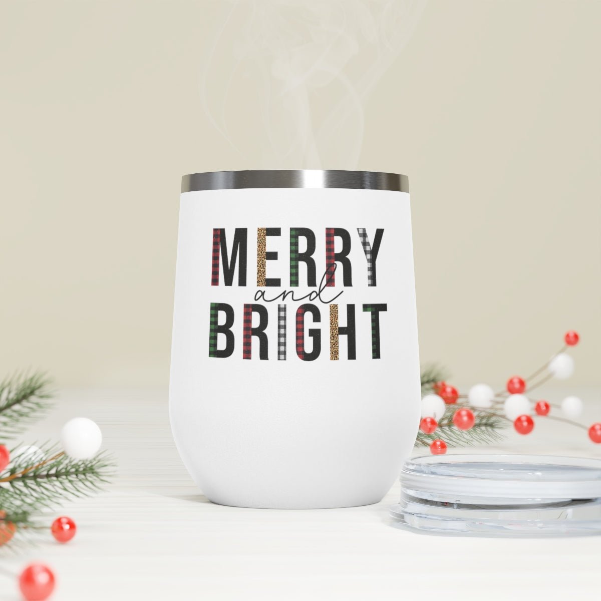 Merry and Bright - Holiday 12oz Insulated Wine Tumbler - We Love Your Gift