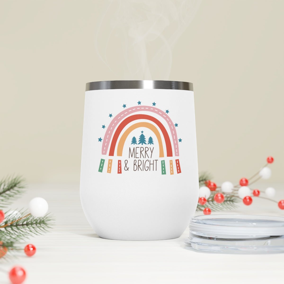 Merry & Bright Rainbow - Holiday 12oz Insulated Wine Tumbler - We Love Your Gift