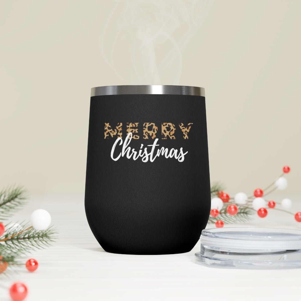 Merry Christmas Animal Print - Holiday 12oz Insulated Wine Tumbler - We Love Your Gift