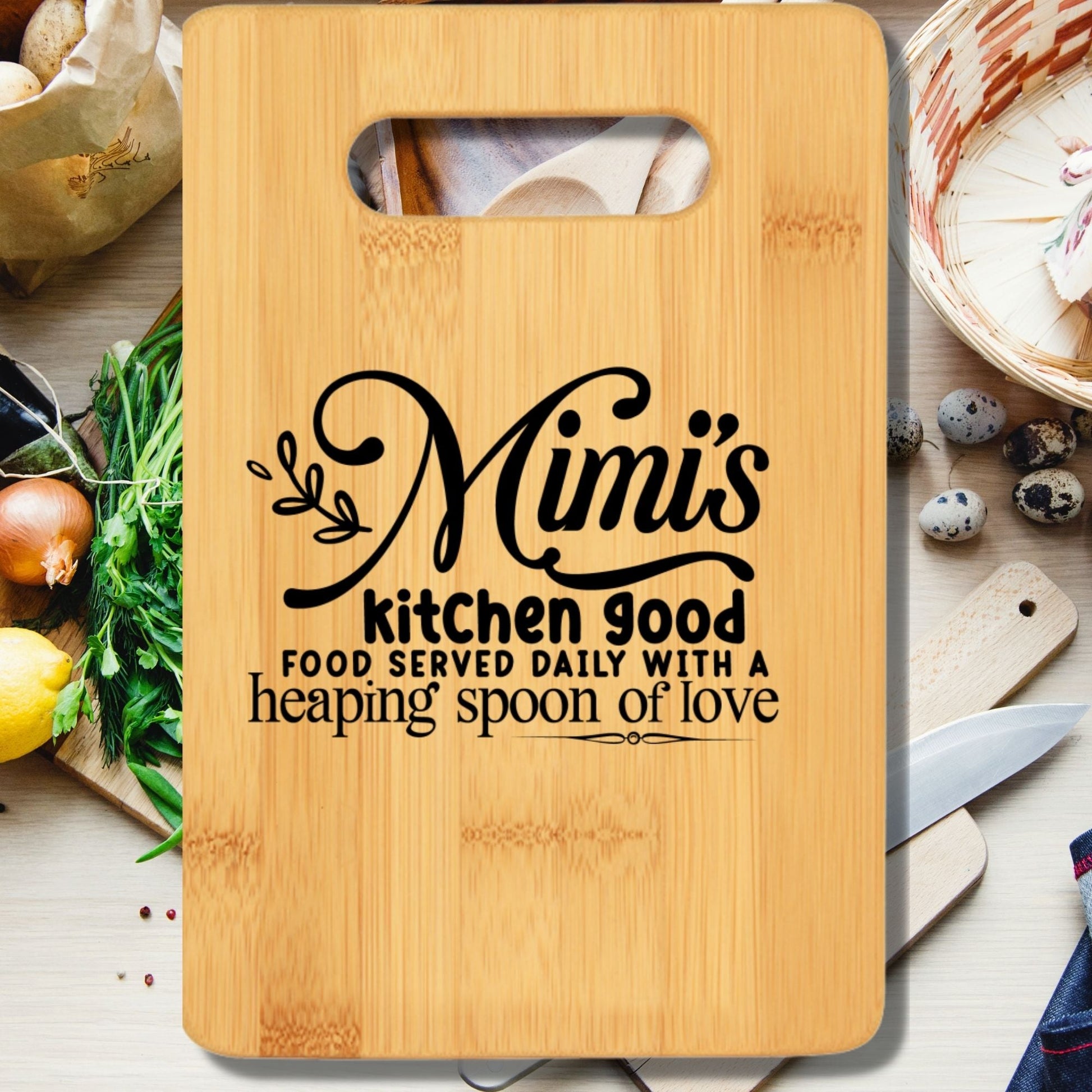 Mimi's Kitchen Good Food Served Daily With a Heaping Spoon of Love Stove Top Cutting Board with Handle - We Love Your Gift