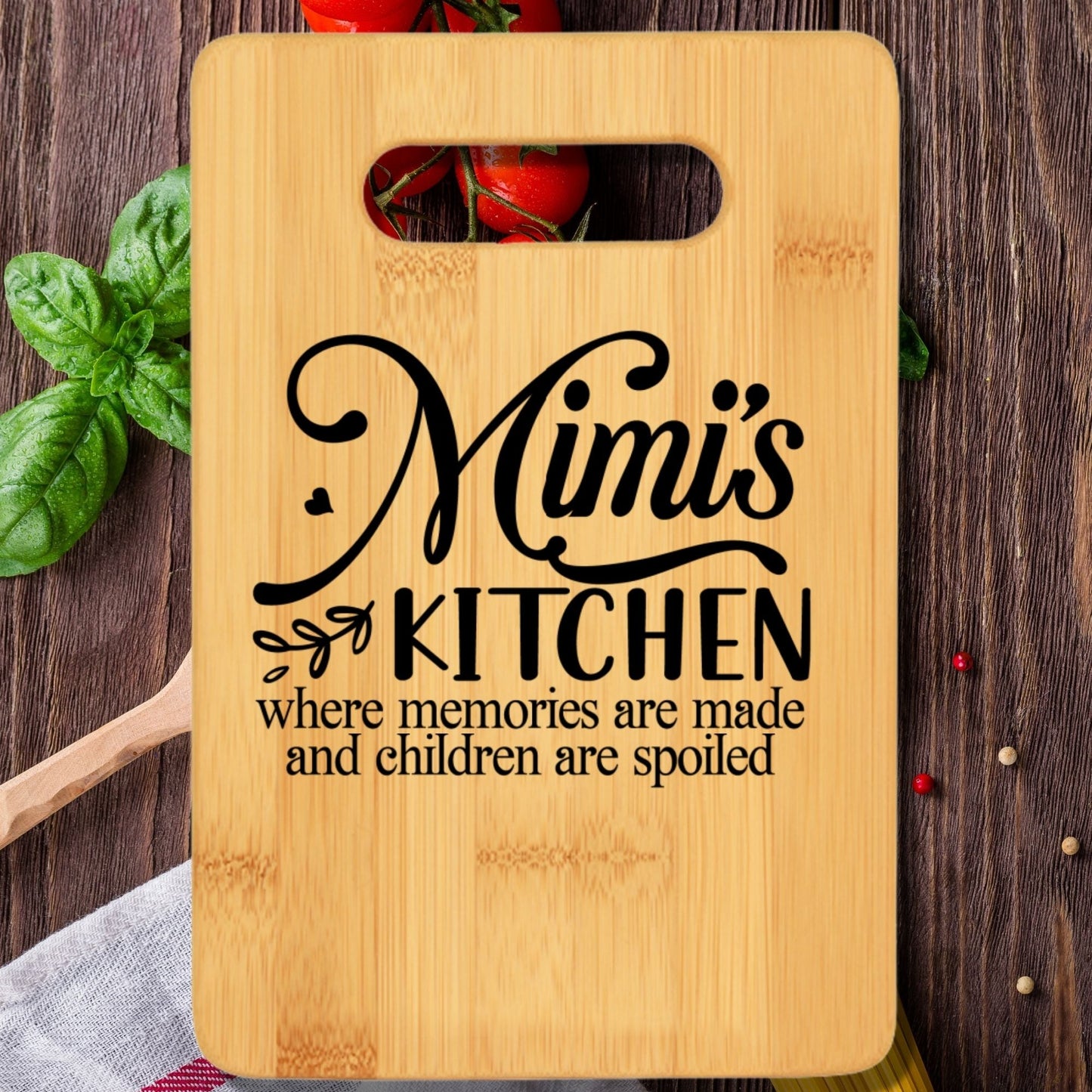 Mimi's Kitchen Where Memories Are Made and Children Are Spoiled Funny Stove Top Cutting Board with Handle - We Love Your Gift