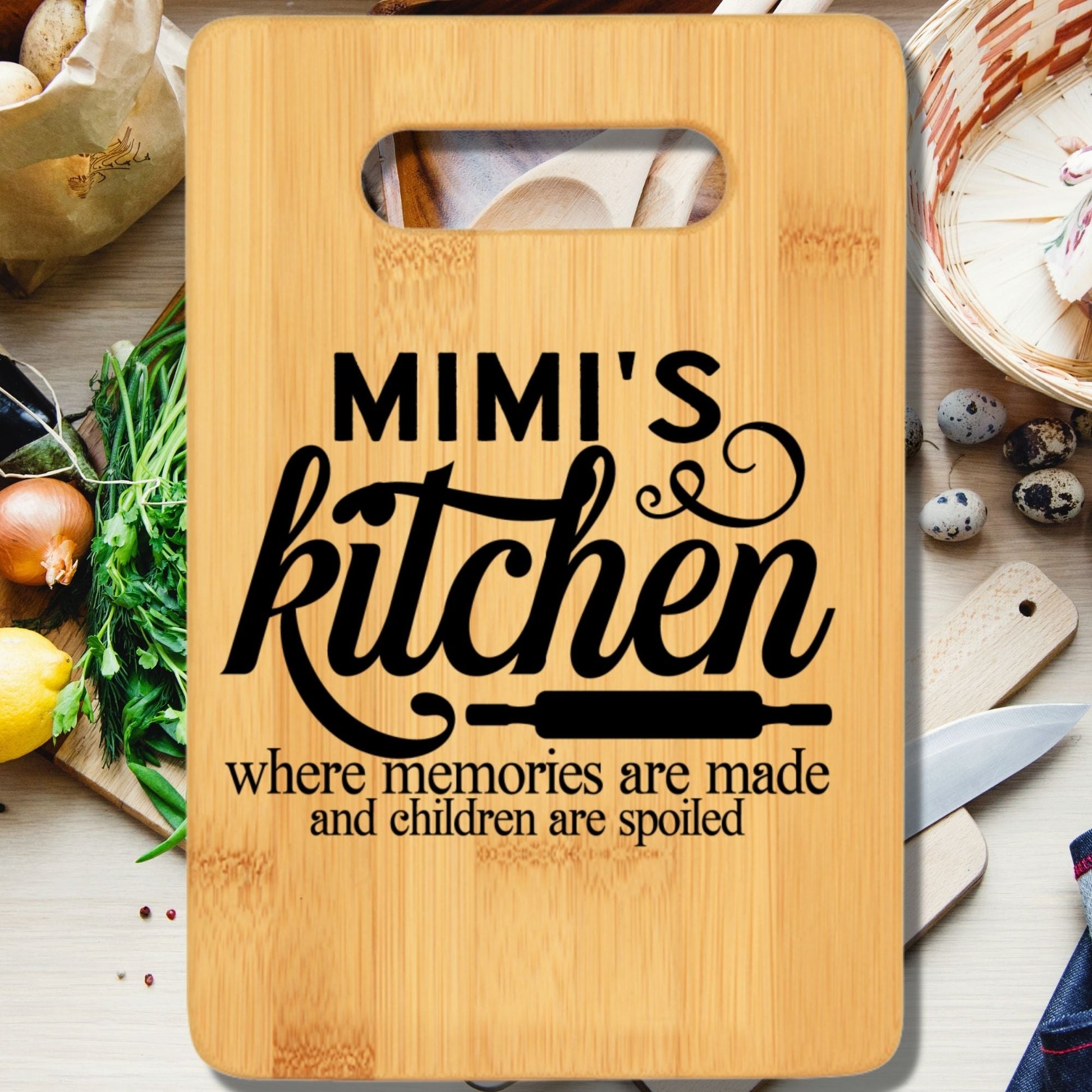 Mimi's Kitchen Where Memories Are Made and Children Are Spoiled Stove Top Cutting Board with Handle v2 - We Love Your Gift