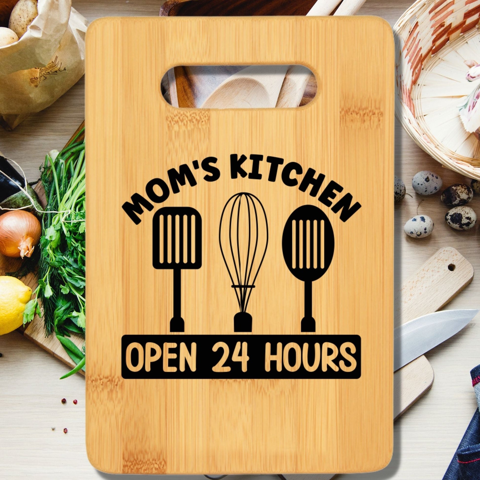 Mom's Kitchen Open 24 Hours Funny Stove Top Cutting Board with Handle - We Love Your Gift