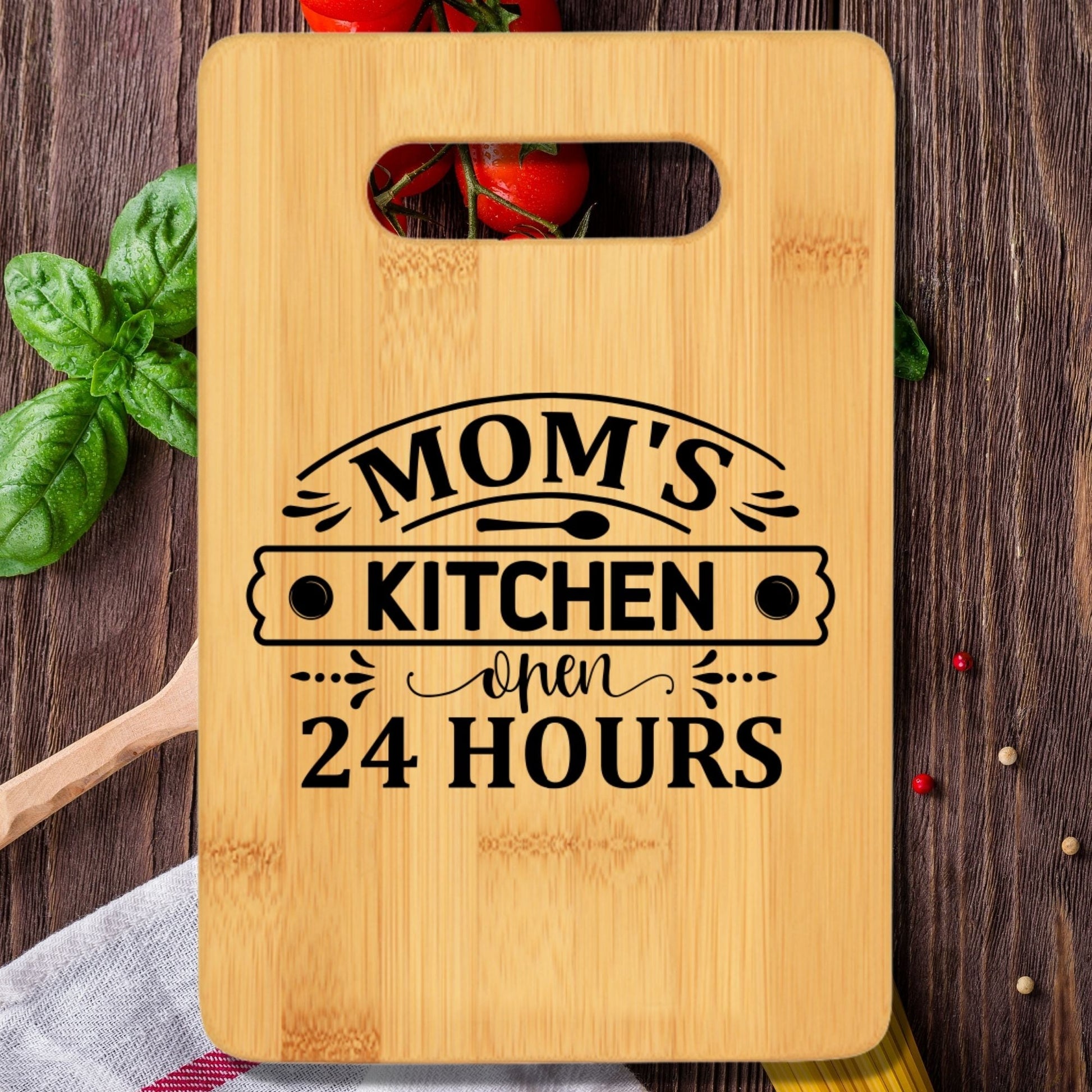 Mom's Kitchen Open 24 Hours Funny Stove Top Cutting Board with Handle v2 - We Love Your Gift