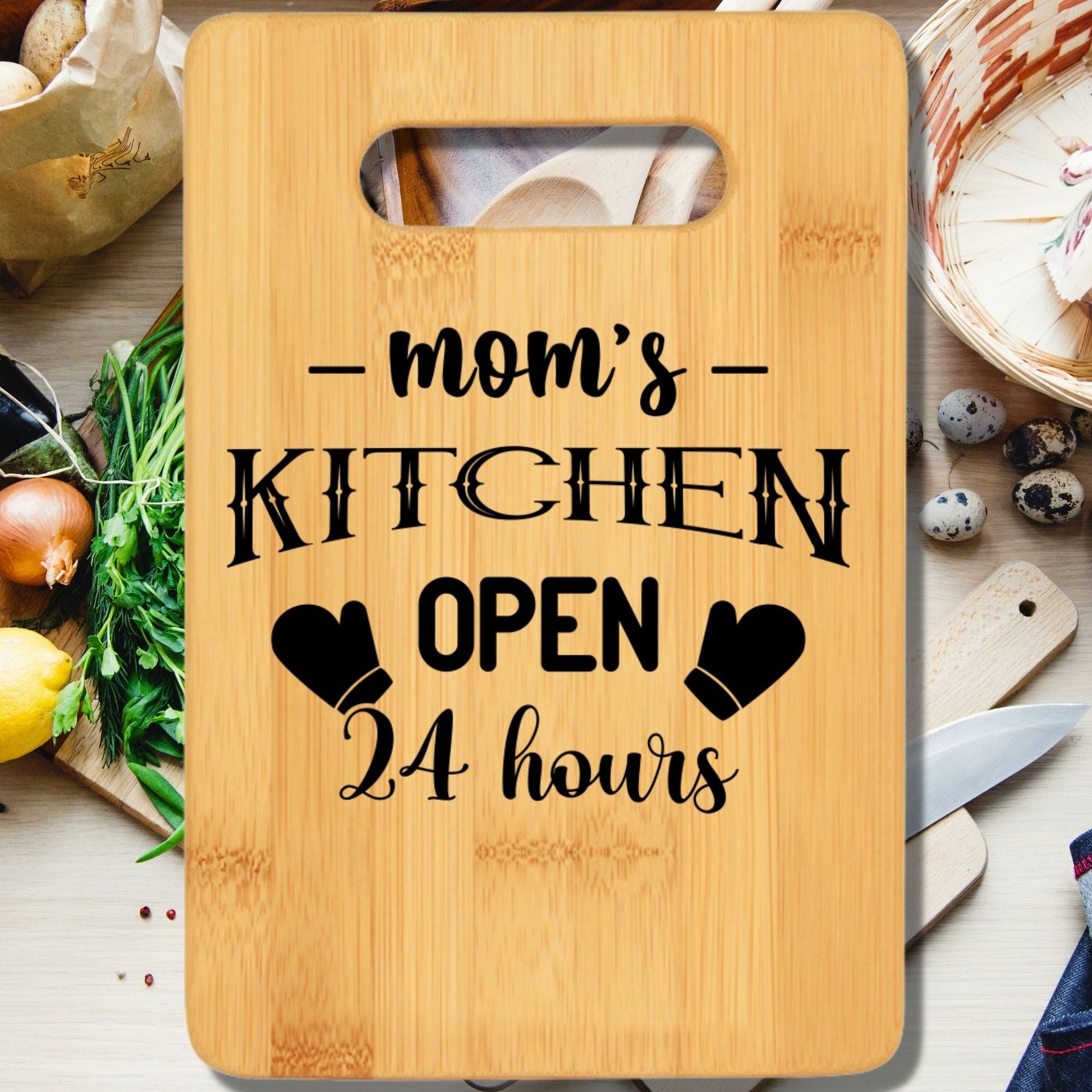 Mom's Kitchen Open 24 Hours Funny Stove Top Cutting Board with Handle v3 - We Love Your Gift