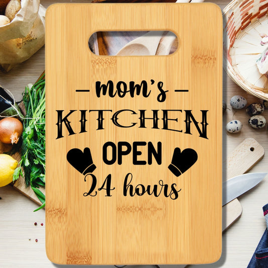 Mom's Kitchen Open 24 Hours Funny Stove Top Cutting Board with Handle v3 - We Love Your Gift