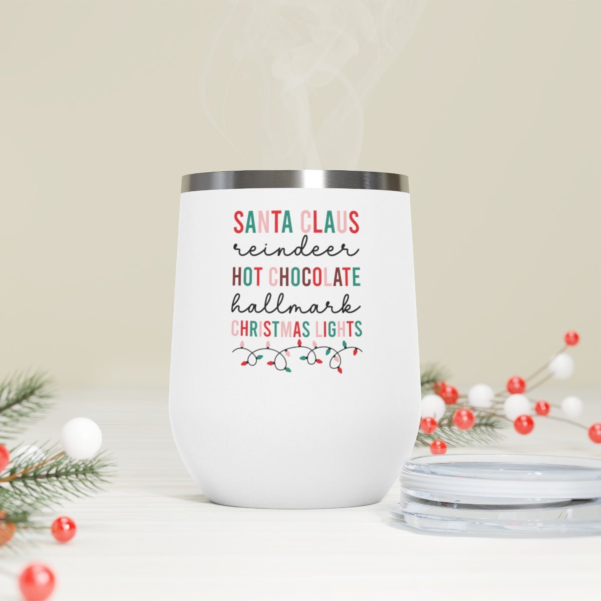 Santa Claus Reindeer Hot Chocolate Hallmark Christmas Lights - Holiday 12oz Insulated Wine Tumbler - We Love Your Gift